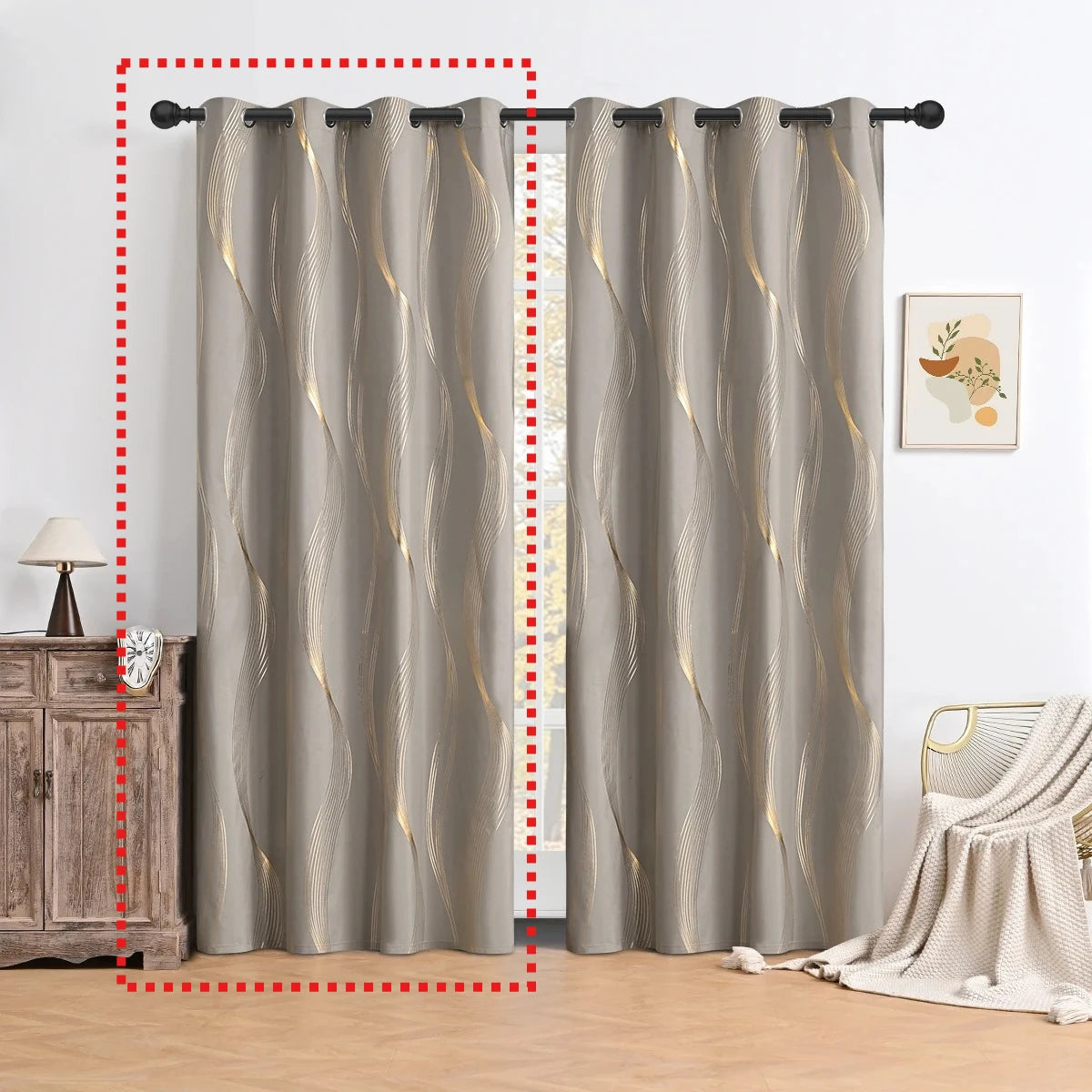 1panel 100% Blackout Hot Stamping Wave Pattern Perforated Curtain, Window Curtains for Living Room, Hotel Bedrooms, Home Decor