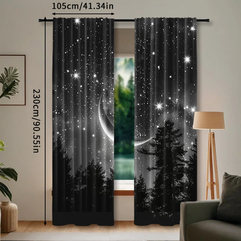 2pcs Forest Starry Sky Moon Night Curtains - Black Rod Pocket Window with Crescent Moon & Starry Sky Design, Perfect for Bedroom