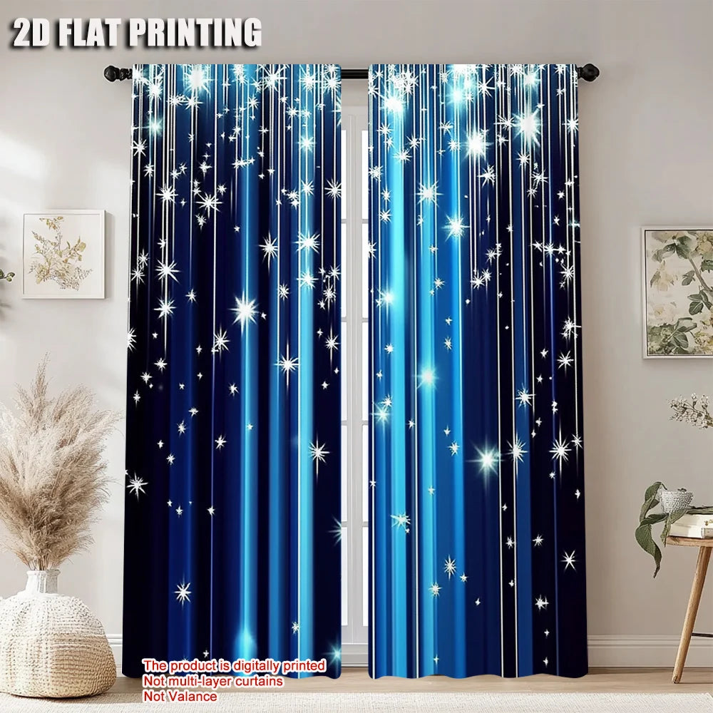 2Pcs Starry Night Sky Window Curtain Rod Pocket Polyester Drapes Blue Window Treatment For Bedroom Living Room Office