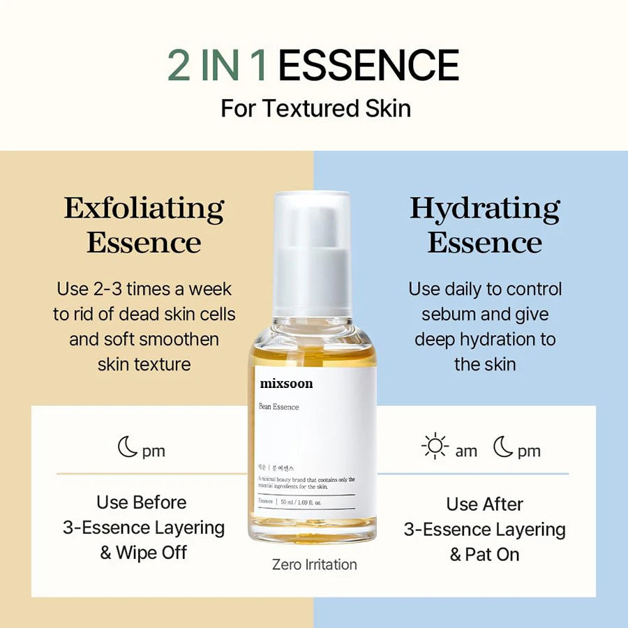 Mixsoon Bean Essence Korean Skin Care Serum - Exfoliating Hydrating Glass Skin Hyaluronic Acid for Moisturized Smooth Complexion